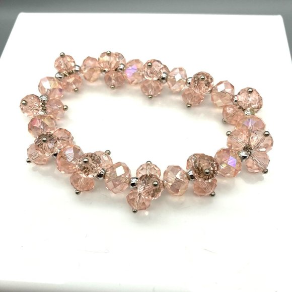 Stretch AB Crystals ChaCha Bracelet, Beaded Blush Pink Pastel Coquette Vintage - Picture 4 of 5